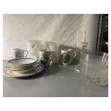 JAPAN FINE PORCELAIN MUGS, MILK GLASS VASES,