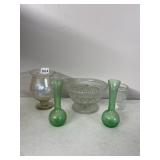 IRIDESCENT GLASS VASE, PAIR GREEN GLASS BUD