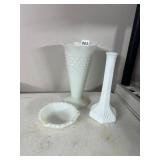 MILK GLASS HOBNAIL VASE, MILK GLASS RUFFLED RIM