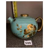 W.S. GEORGE TEAPOT, TURQUOISE GLAZE, GOLD FLORAL