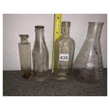 ASSORTED GLASS BOTTLES AND LABORATORY FLASK,