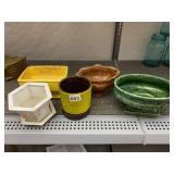 CERAMIC PLANTERS, INCLUDES YELLOW GLAZED STOOL,