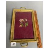 GILT WOOD FRAME, NEEDLEPOINT FLORAL INSERT, BRASS