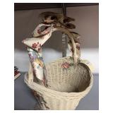 WICKER BASKET, PAINTED WHITE, FLORAL FABRIC