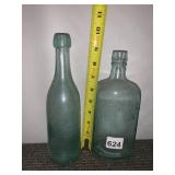 ANTIQUE GLASS BOTTLES, AQUA TINT, EMBOSSED