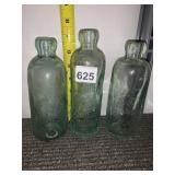 AQUA GLASS SODA BOTTLES, EMBOSSED LETTERING,