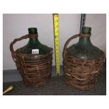 GREEN GLASS DEMIJOHN BOTTLES, WICKER WRAPPED W/