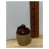 STONEWARE JUG, BROWN GLAZED TOP, TAN BODY,