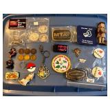 ASSORTED KEYCHAINS, PINS, PATCHES, TOKENS,