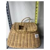WICKER BASKET, HINGED LID, LEATHER STRAP CLOSURE,