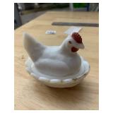 MILK GLASS HEN ON NEST, BASKET WEAVE BASE,