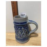 GERMAN STONEWARE BEER STEIN, BLUE AND GREY GLAZE,
