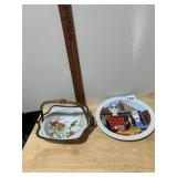 PORCELAIN BASKET W/ WICKER HANDLE, FLORAL BIRD