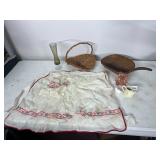 DECORATIVE APRON, WICKER BASKETS, GLASS VASE,