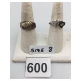 STERLING SILVER RINGS, RIBBED BAND, HEART MOTIF