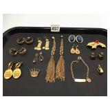 ASSORTED EARRINGS AND BRACELET, GOLD-TONE,