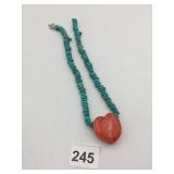 TURQUOISE CHIP NECKLACE, CARVED RED STONE HEART