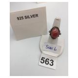 STERLING SILVER RING, OVAL CABOCHON RED STONE,