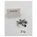 STERLING SILVER FLORAL BROOCH, BLUE GLASS STONES,