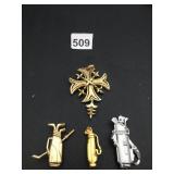 ASSORTED PENDANTS AND BROOCHES, INCLUDES GOLF BAG