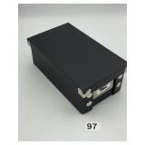 BLACK STORAGE BOX, HINGED LID, METAL CORNER