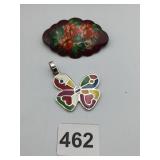 HAND-PAINTED FLORAL BROOCH, LACQUERED FINISH,