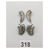 COSTUME EARRINGS, SILVER-TONE METAL, FEATHER AND