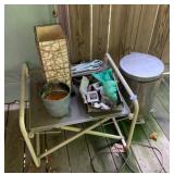 FOLDING TRAY TABLE, WOVEN BASKET LAMP, METAL