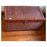 WICKER STORAGE TRUNK, HINGED LID, BRASS HARDWARE,