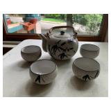 CERAMIC TEA SET, BAMBOO MOTIF, WOVEN RATTAN