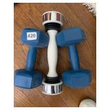 ASSORTED DUMBBELLS, INCLUDES TWO 5LB BLUE HEX