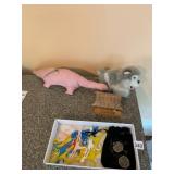 PLUSH DINOSAUR, PLUSH HUSKY DOG, WOODEN