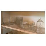 CLEAR GLASS BOWLS, ETCHED GLASS OIL CRUET, LEAF