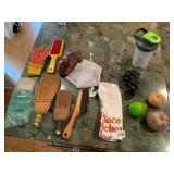 ASSORTED HOUSEHOLD ITEMS, BROOMS, BRUSHES,