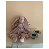 FABRIC BUNNY DOLL, FLORAL DRESS, LACE TRIM, PLUS