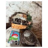 BASKET W/ PINE CONES, WREATH, SNOWMAN FLAG,