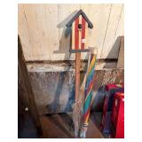 WOODEN BIRD HOUSE, RED AND WHITE STRIPED PAINT,