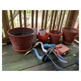 GARDEN PLANTERS, METAL BIRD FIGURES, HAND TOOLS,