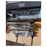 SEARS METAL TOOLBOX, RATCHET, ASSORTED WRENCHES,