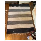 WOVEN AREA RUG, BLACK AND WHITE STRIPED PATTERN,