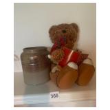 RT SIGNED STONEWARE CROCK, TWO-TONE GLAZE, PLUSH