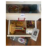 ASSORTED DESK AND COLLECTIBLE DRAWER CONTENTS,