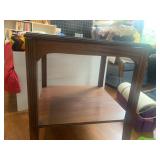 WOOD SIDE TABLE, SQUARE TOP, LOWER SHELF, TAPERED