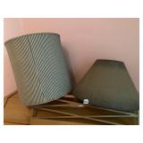 PAIR OF LAMP SHADES, ONE STRIPED FABRIC CYLINDER,