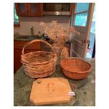 WOVEN WICKER BASKETS, WOODEN SERVING BOARD,