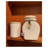 LE CREUSET STONEWARE CANISTER, WHITE GLAZE, BRASS