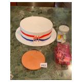 STYROFOAM HAT, TERRACOTTA BUN WARMER, GLASS JAR