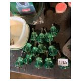 GREEN GLASS CABINET KNOBS, HEXAGONAL SHAPE, METAL