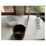 GLASBAKE WHITE MILK GLASS BOWL, BROWN GLAZED