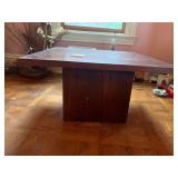 WOOD COFFEE TABLE, SQUARE TOP, PLANKED PEDESTAL